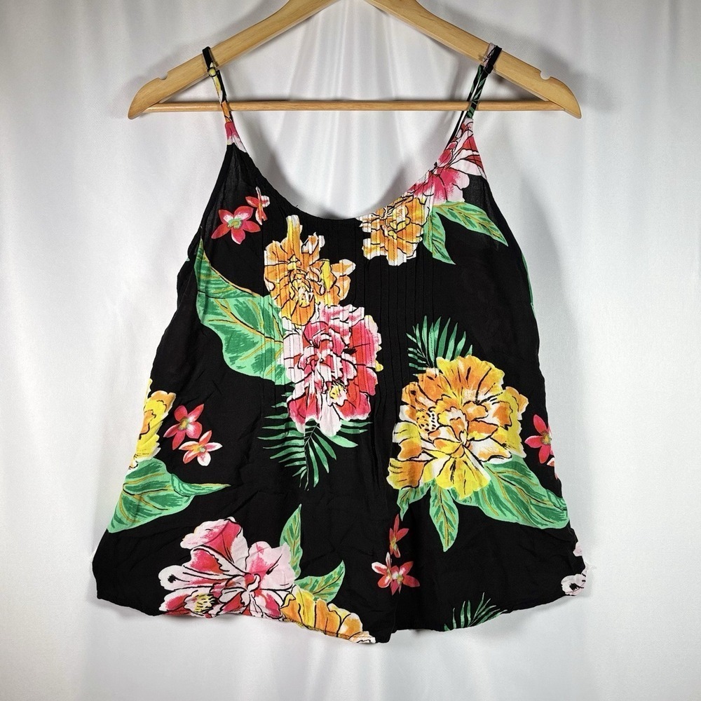 Old Navy Black Floral Tropical Tank Top Womens Small Crinkle Front Summer Cami